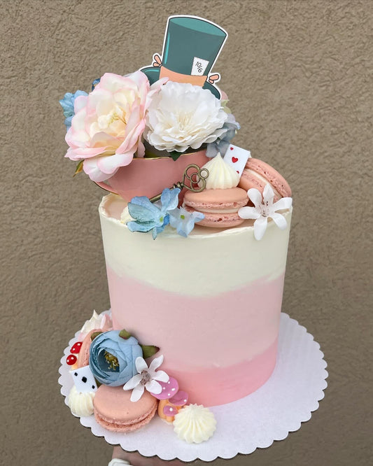 6 inch Custom Alice in Wonderland Buttercream Cake with Macarons and Flowers in Syracuse, Utah (Davis County)