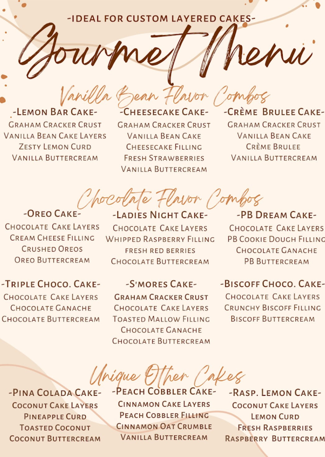 Gourmet Custom Cake Menu Syracuse, Utah