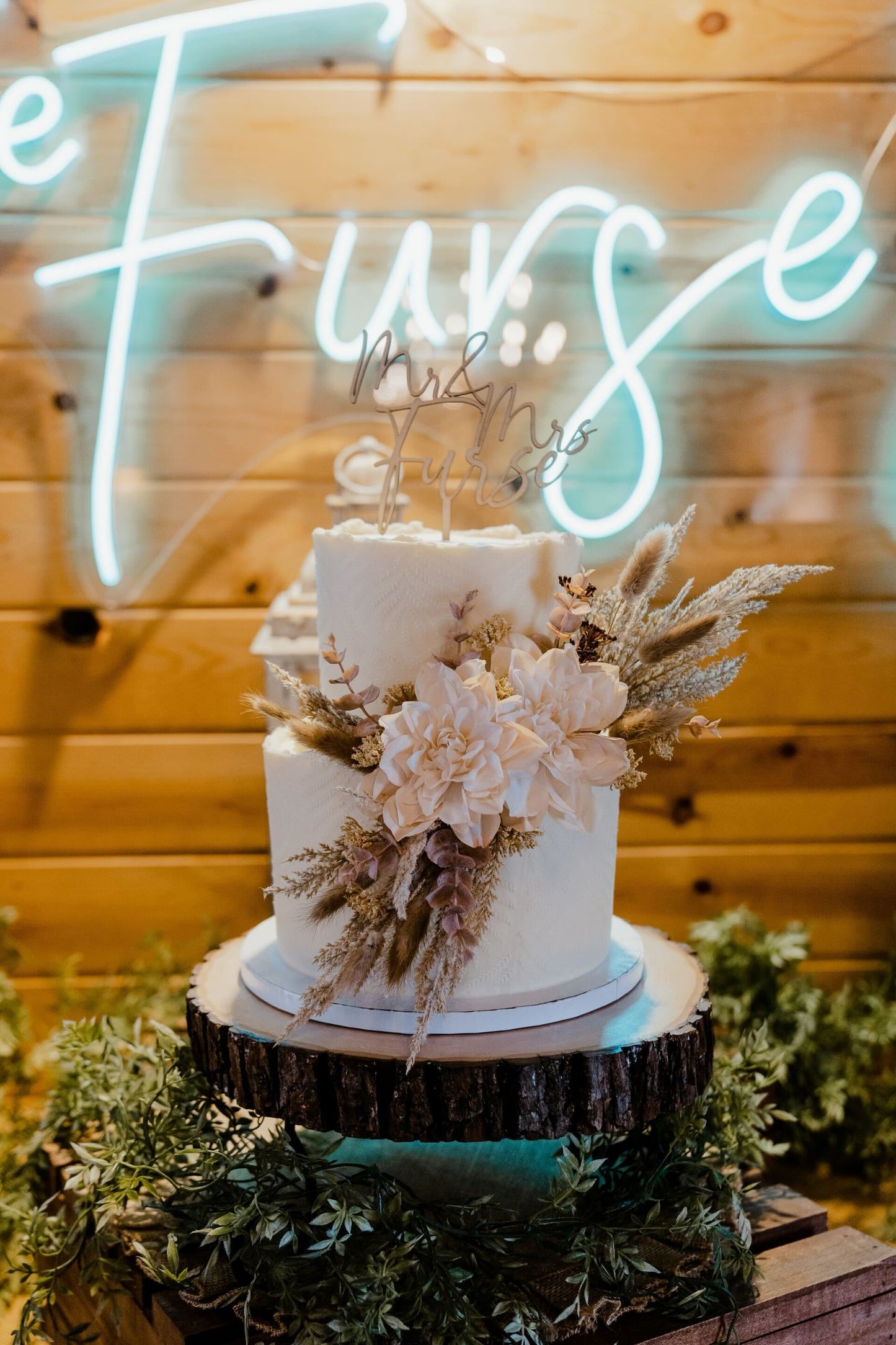 Rustic 2 Tier Stenciled Buttercream Wedding Cake with Dried Flowers and a Wood Cake Topper in Syracuse, Utah (Davis County)